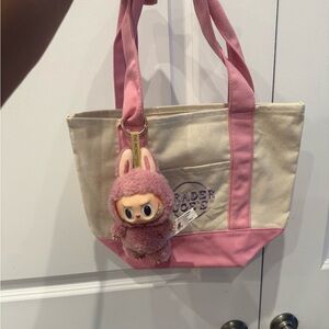 Authentic Trader Joe’s pink  Canvas Tote Bag with Labubu